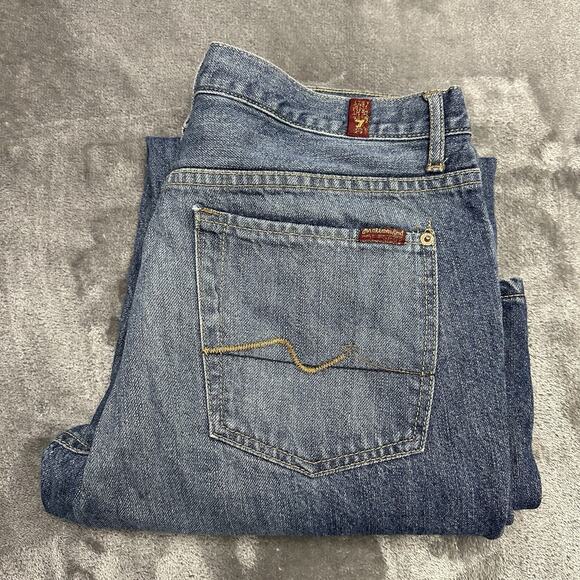 7 For All Mankind Jeans Men’s 33 Blue Button Fly Relaxed Fit Straight Pants - Picture 1 of 13
